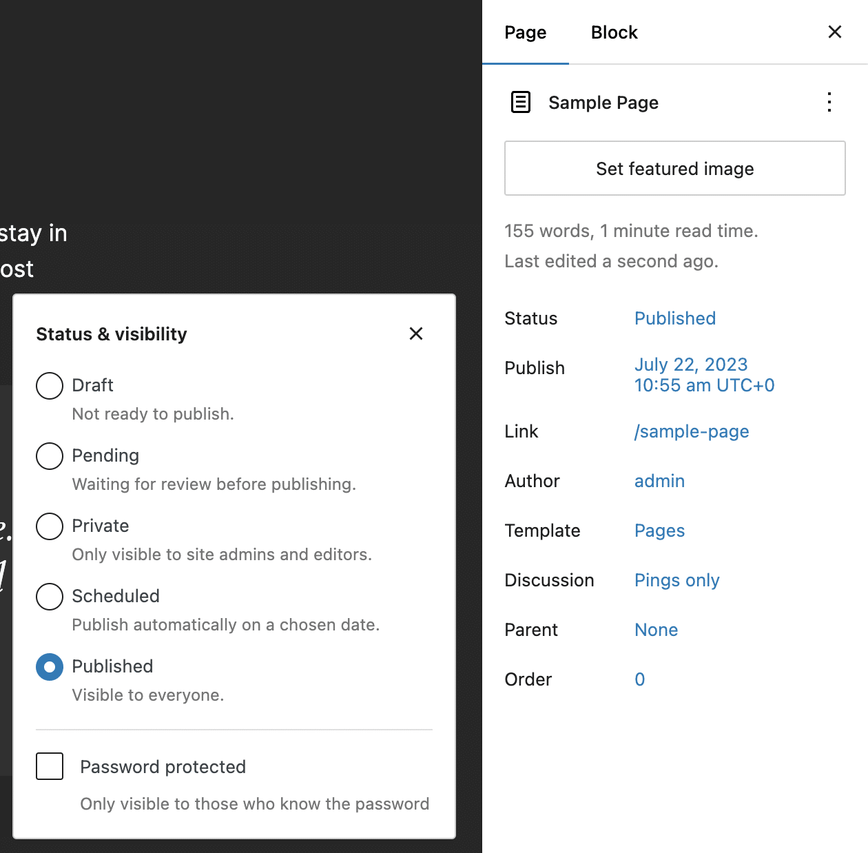 Status & visibility settings in WordPress 6.6