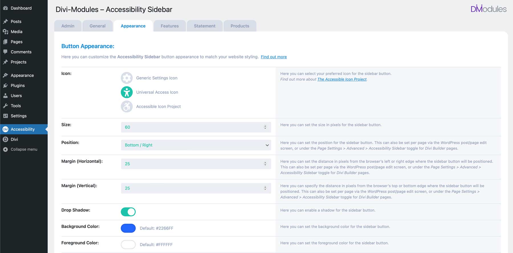 Accessibility Sidebar appearance settings