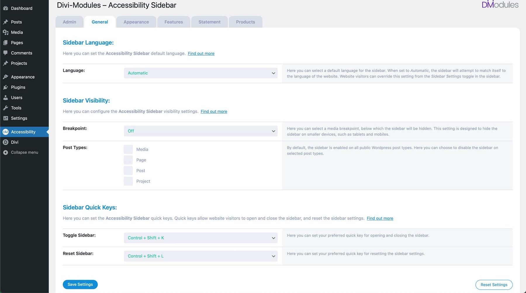 Accessibility Sidebar generat settings