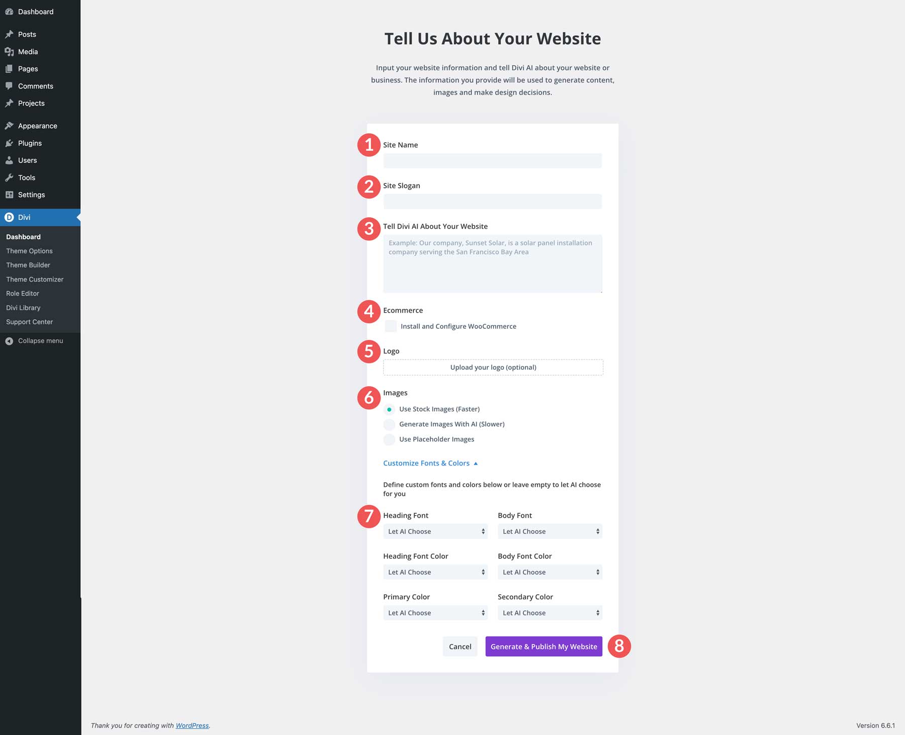 Divi AI website builder settings