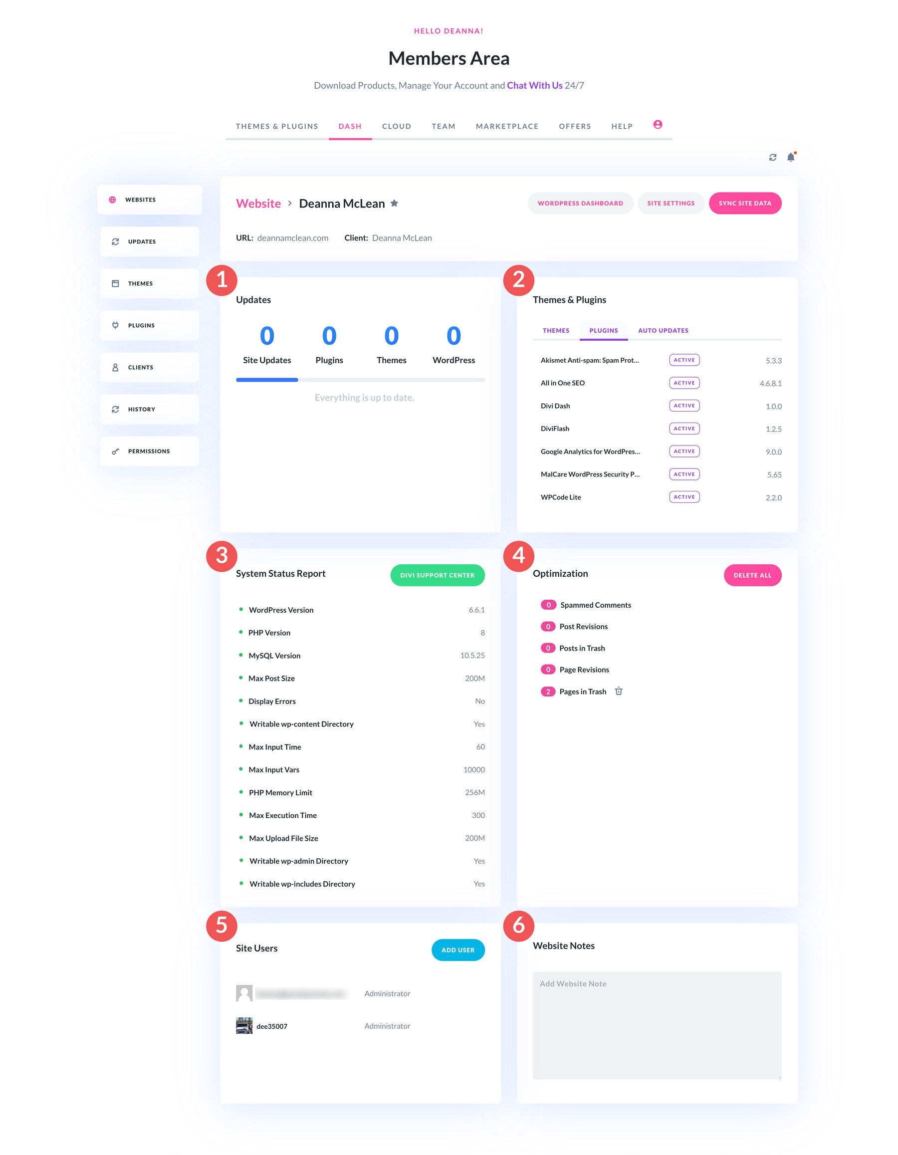 Divi Dash website dashboard