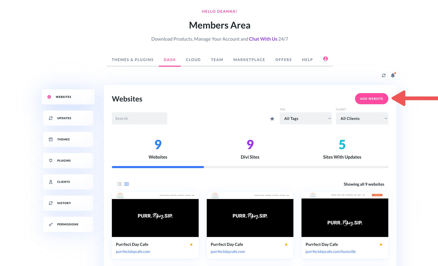 add new website to Divi Dash