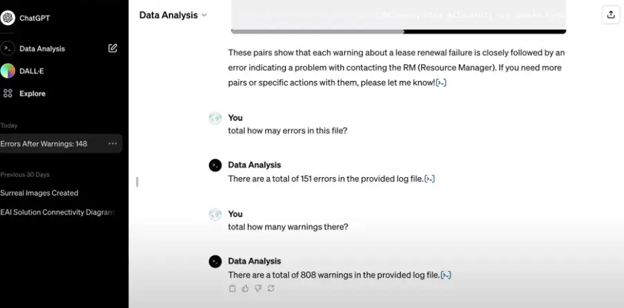 Asking Open AI’s Data Analysis GPT questions about data from a log file 