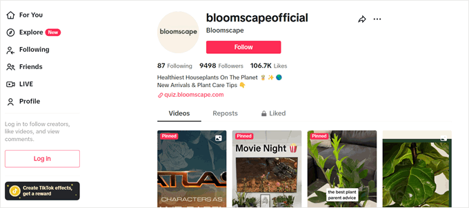 Bloomscape's TikTok page