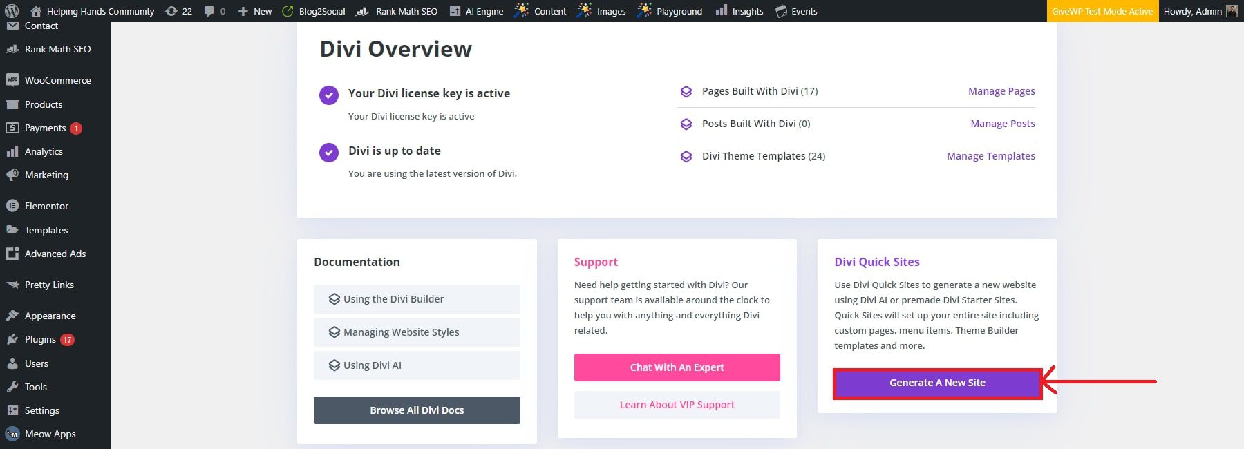 divi quick starter dashboard