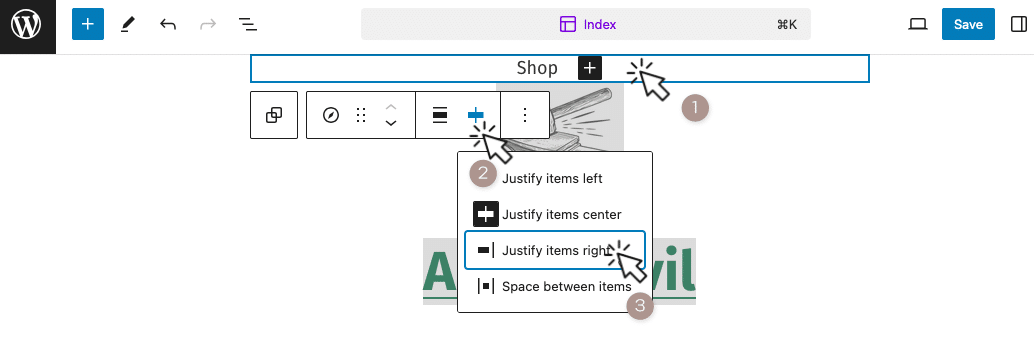 Screenshot showing the justification tools for a block in the <a href=