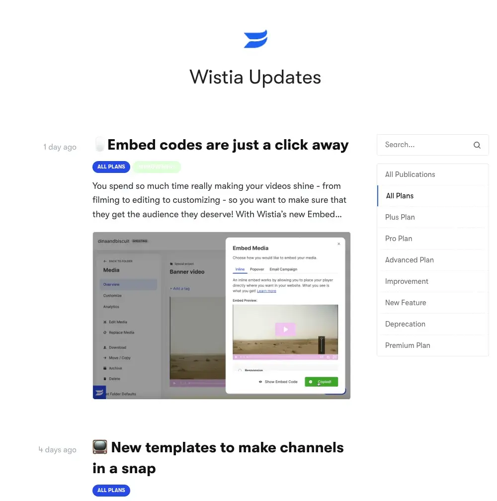 Screen cap of Wistia updates.