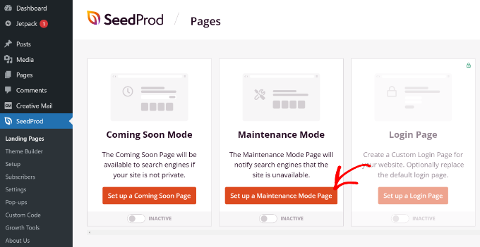 Set a new page in maintenance mode