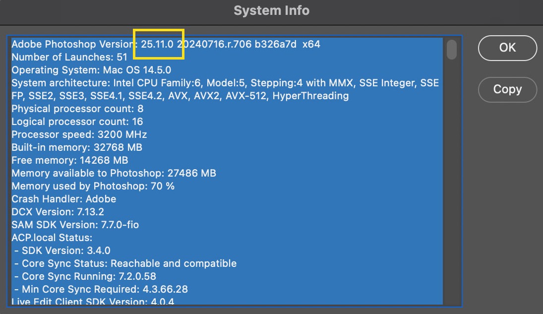 Photoshop System Information Window