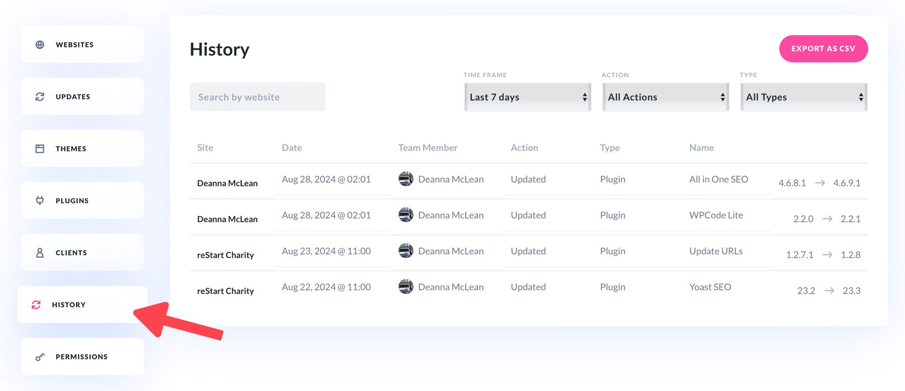 Divi Dash history tab