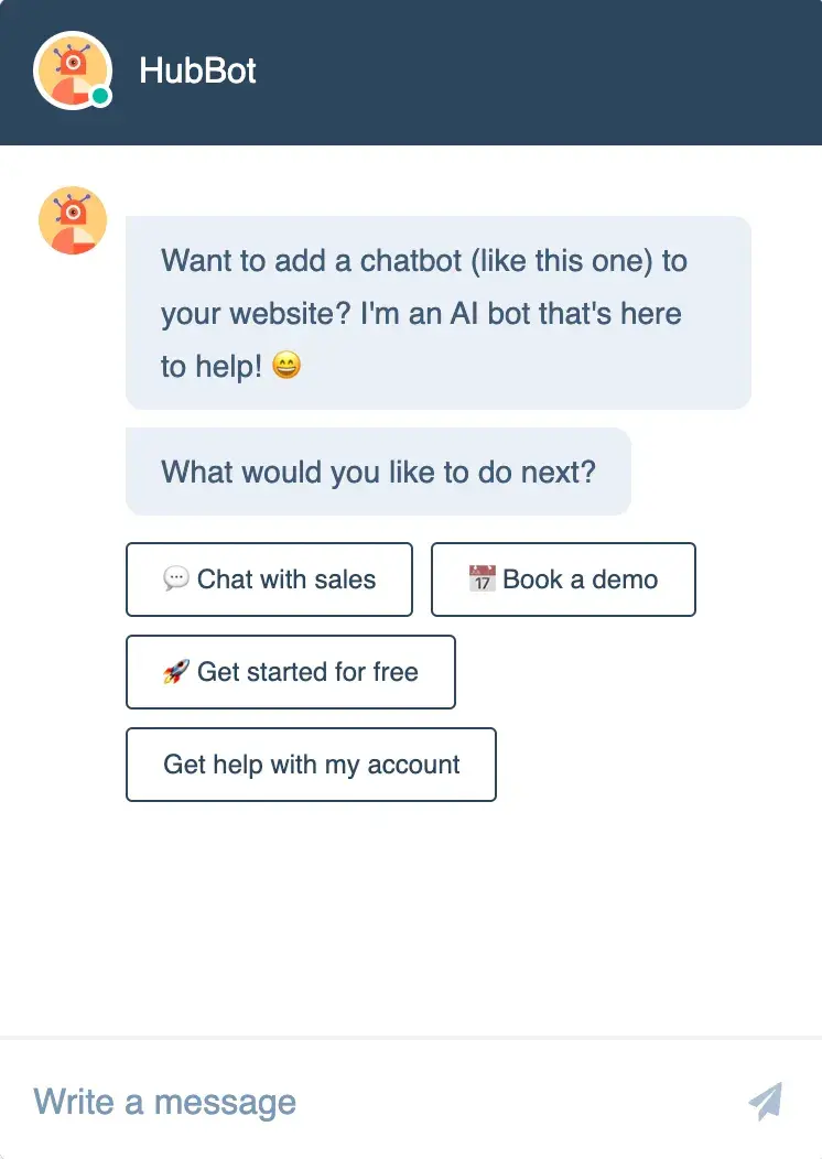 HubSpot’s chatbot, AI personalization marketinghttps://www.hubspot.com/products/crm/chatbot-builder 