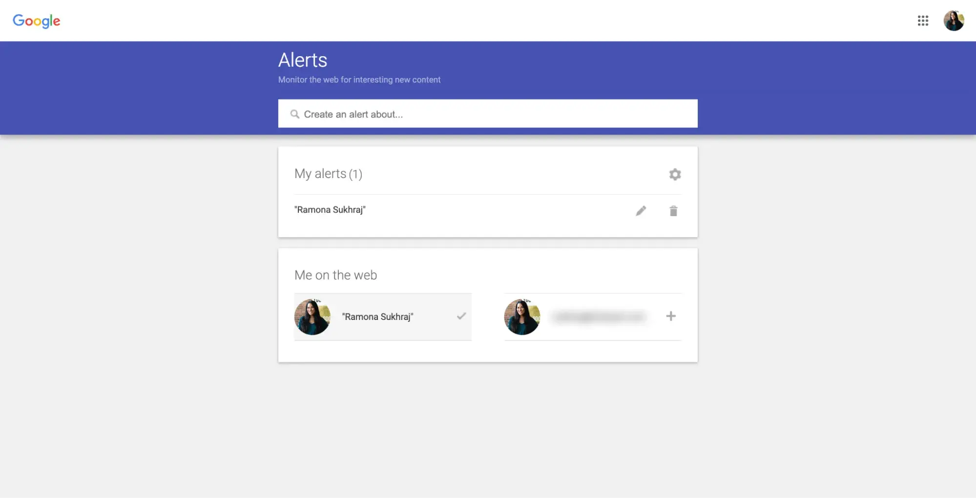 Screenshot of the Google Alerts page