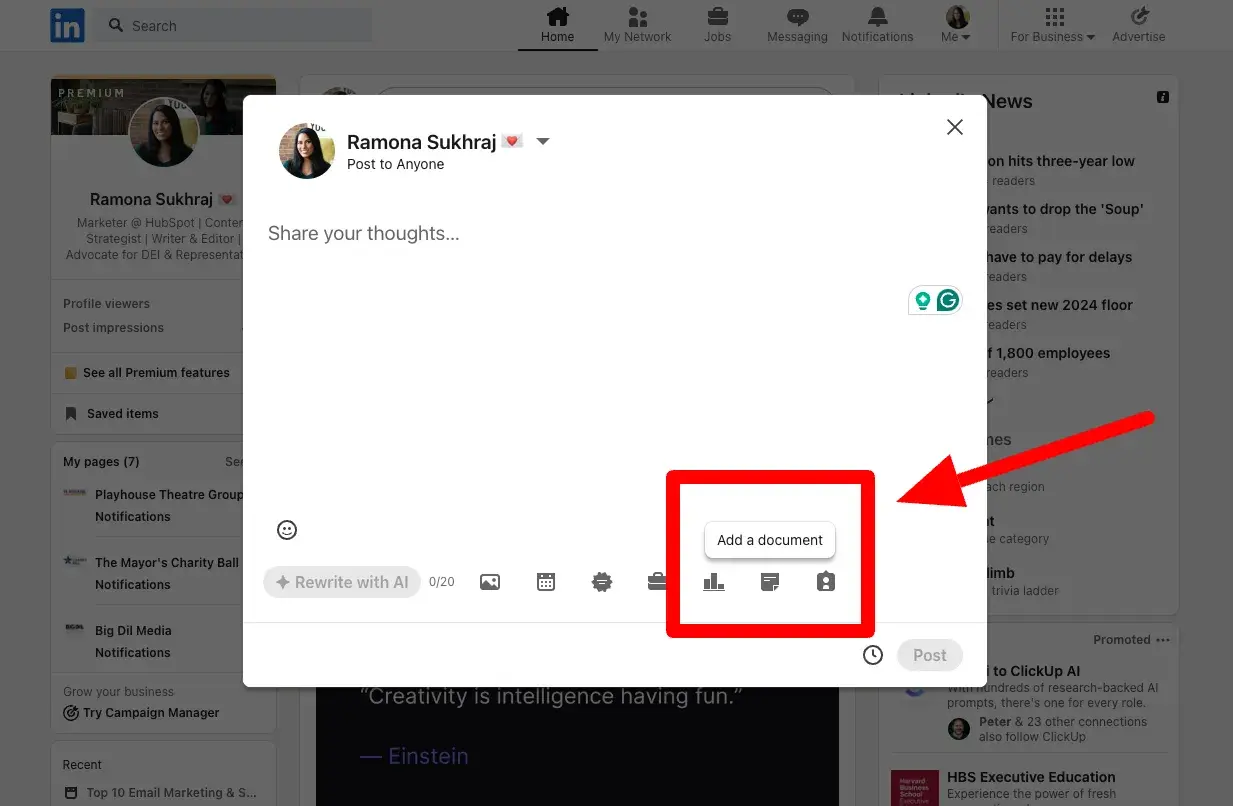Screenshot showing LinkedIn’s “add document” feature