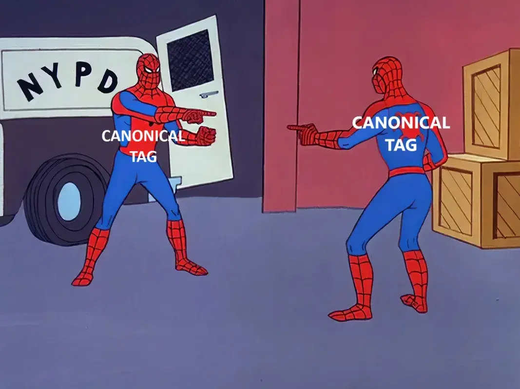 Illustration of self-referencing canonical tags via Spider-Man