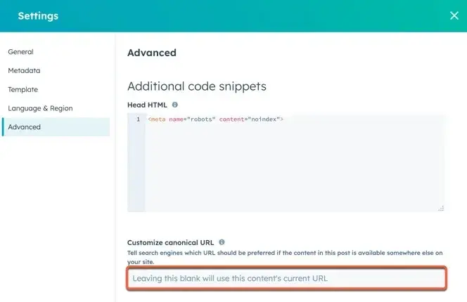 Screenshot showing custom canonical URL field in HubSpot