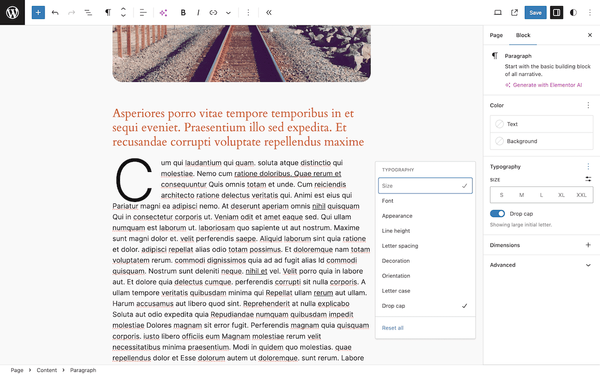 The WordPress Block Editor interface showing a paragraph of Lorem Ipsum text with a large drop cap. There are typography customization options visible on the right-hand sidebar, and the open More elements menu showing the enabled Drop cap option.