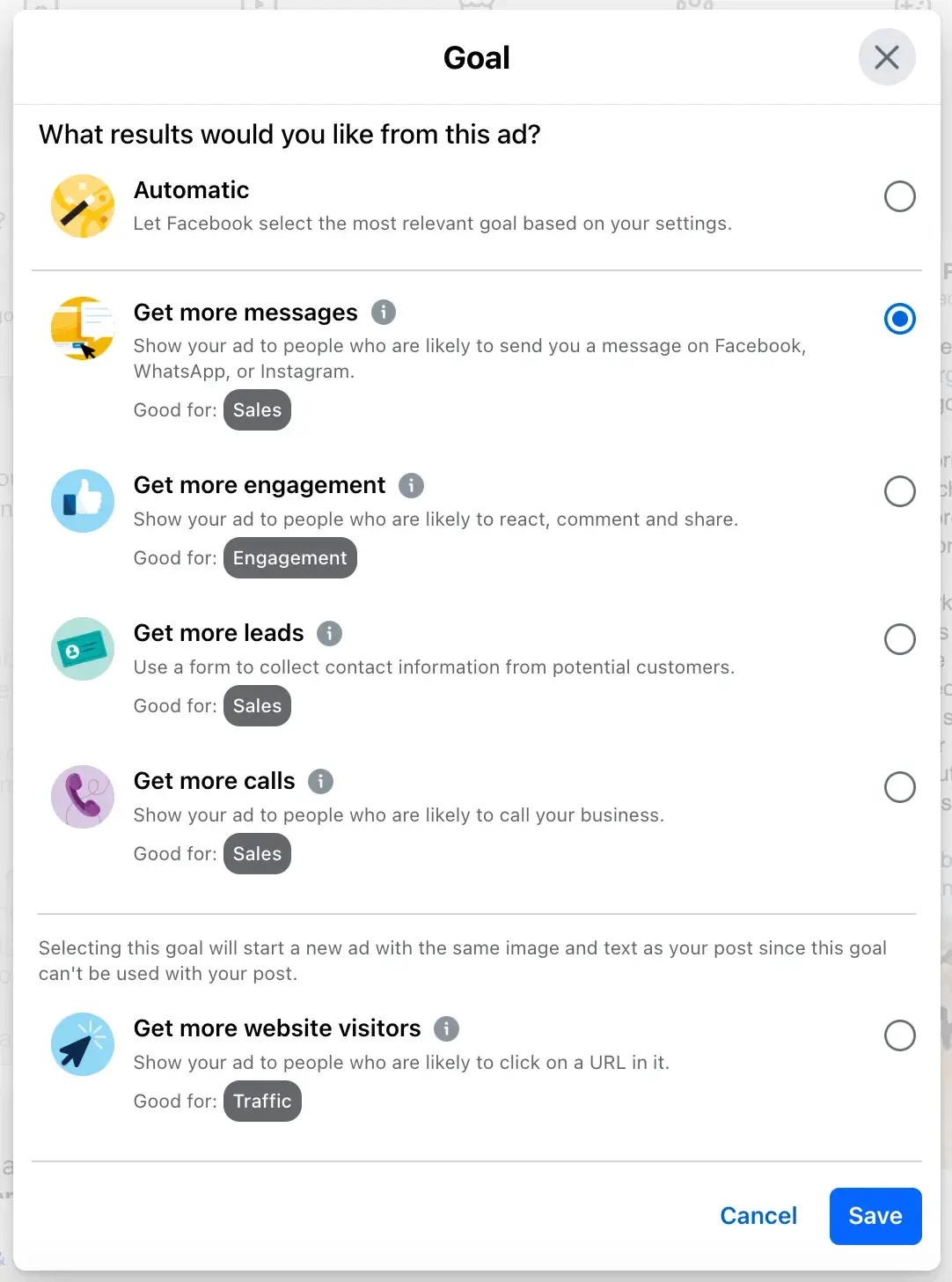 Screenshot showing some of the goal options in Facebook Ads