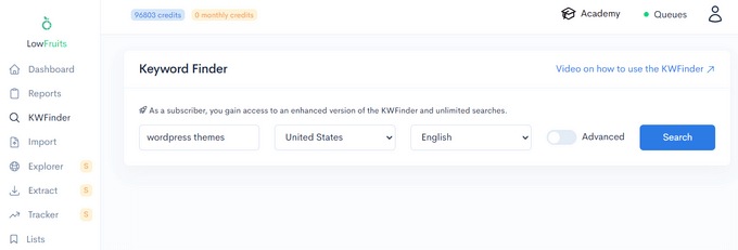 Enter seed keyword in LowFruits' Keyword Finder tool Enter seed keyword in LowFruits' Keyword Finder tool