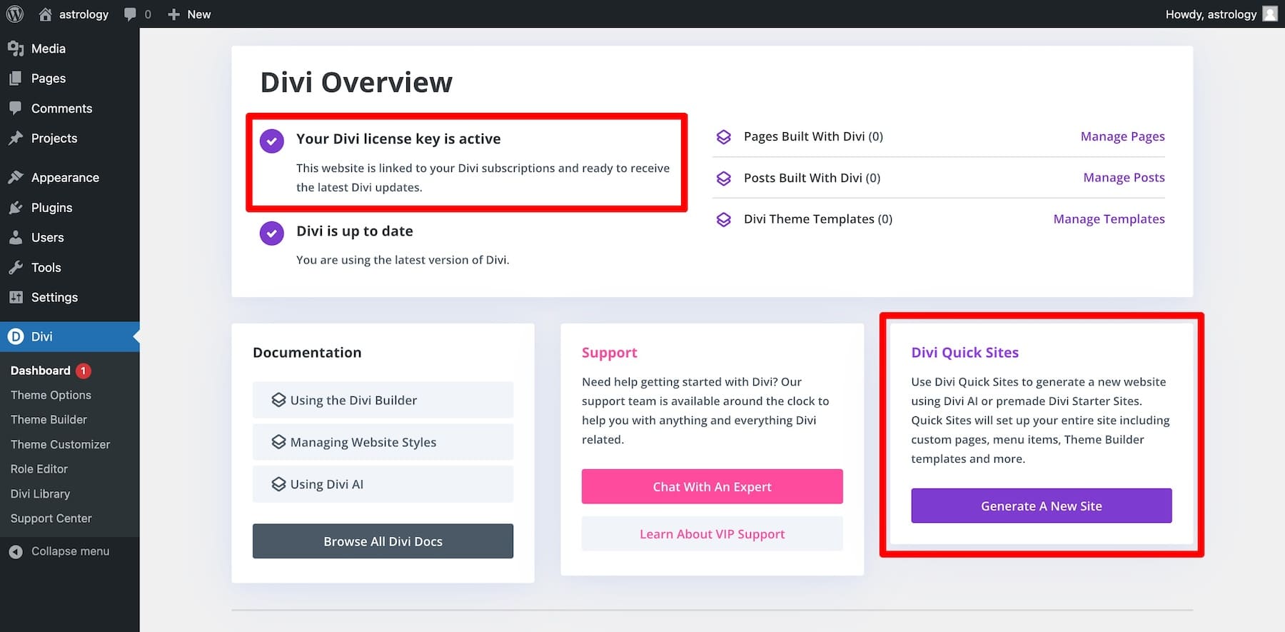 divi license active and assess divi quick sites