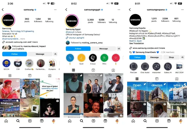 Samsung Instagram Examples from Multiple Countries