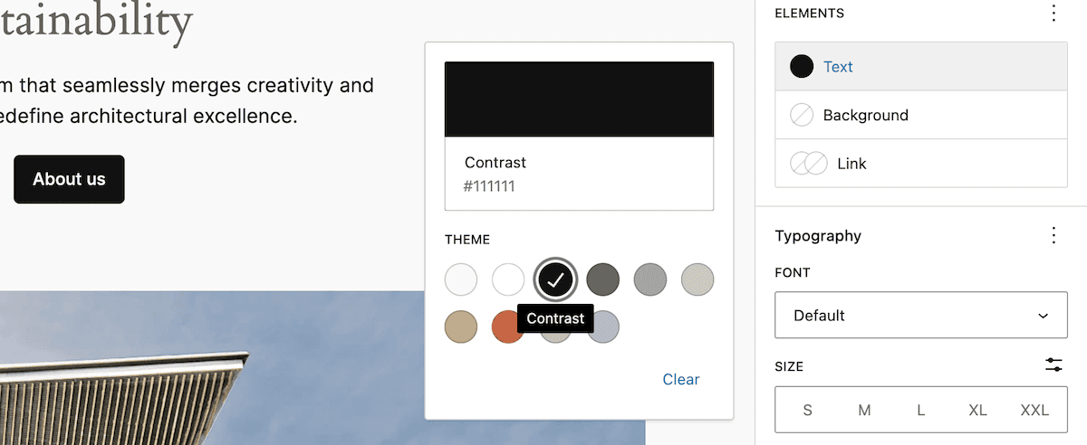 A close-up of the Text Elements color picker interface. It shows a selection of color swatches with hexadecimal color codes, with the Contrast color set as the primary option.