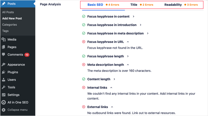 Page Analysis in AIOSEO