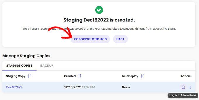 Siteground staging site created