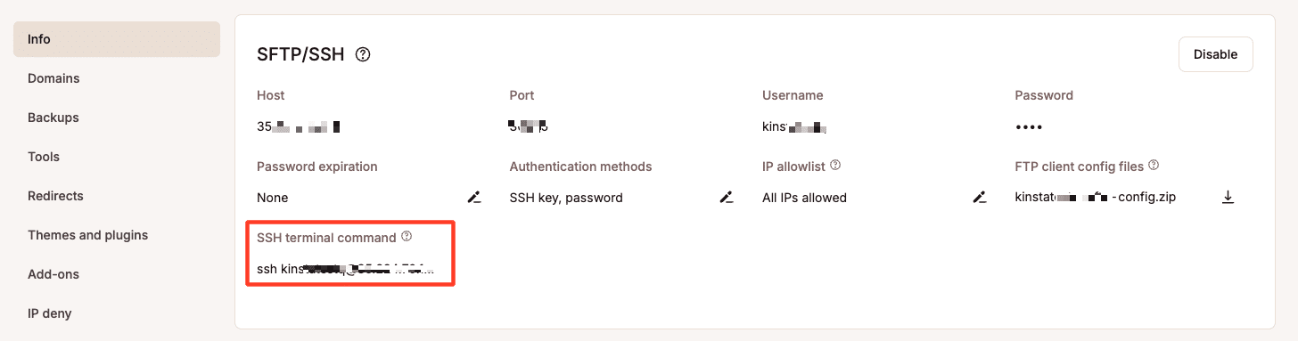 MyKinsta SSH terminal command.