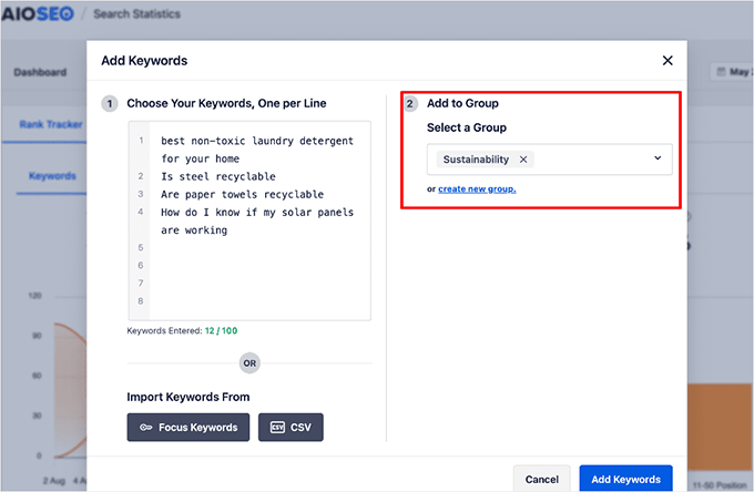 Add keywords to track