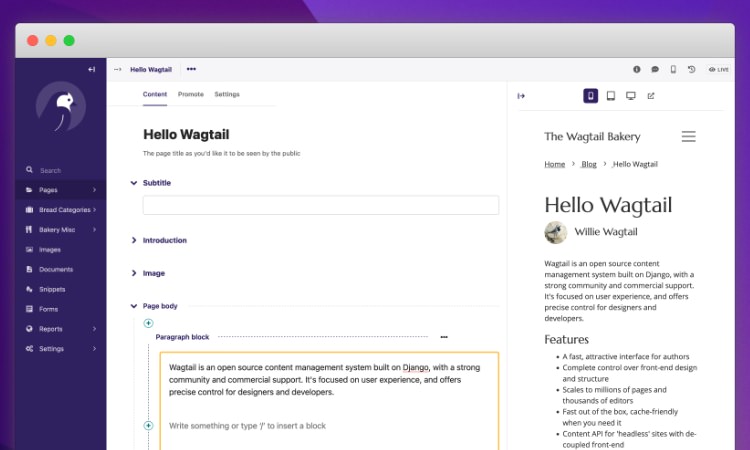 Wagtail open source CMS based on Django