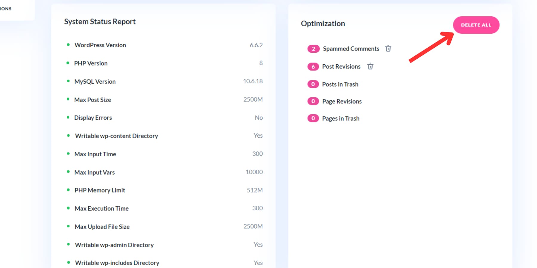 A screenshot of how to optimize your DB using Divi Dash