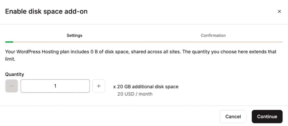 Screenshot showing the disk space add-on dialog in MyKinsta.