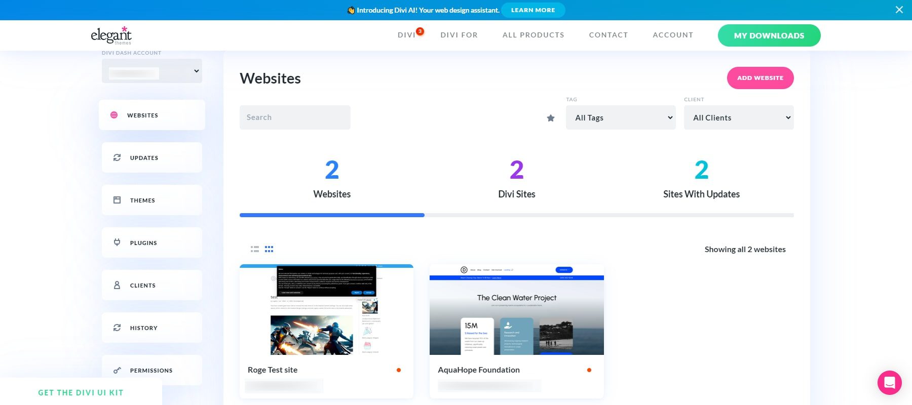 divi dash centralized site management