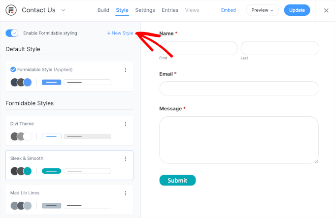 Formidable Forms' add new style button
