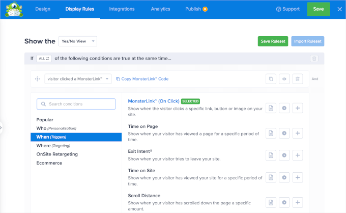 OptinMonster's display rules tab with MonsterLink selected