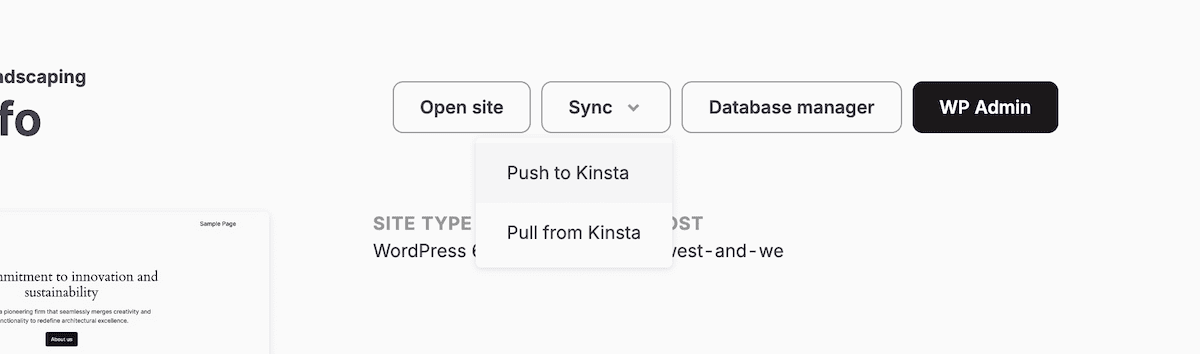 A partial view of the DevKinsta interface displaying site information and control options. The interface shows buttons for opening the site, syncing, accessing the database manager, and <a href=