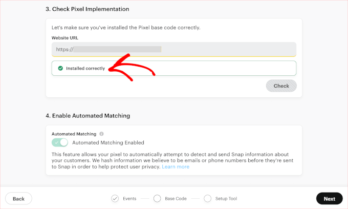 Snapchat Pixel code installed correctly
