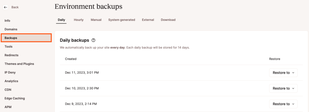 Backup options at Kinsta.