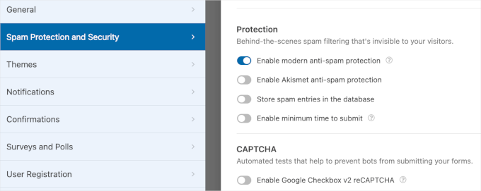 WPForms' spam protection and security settings