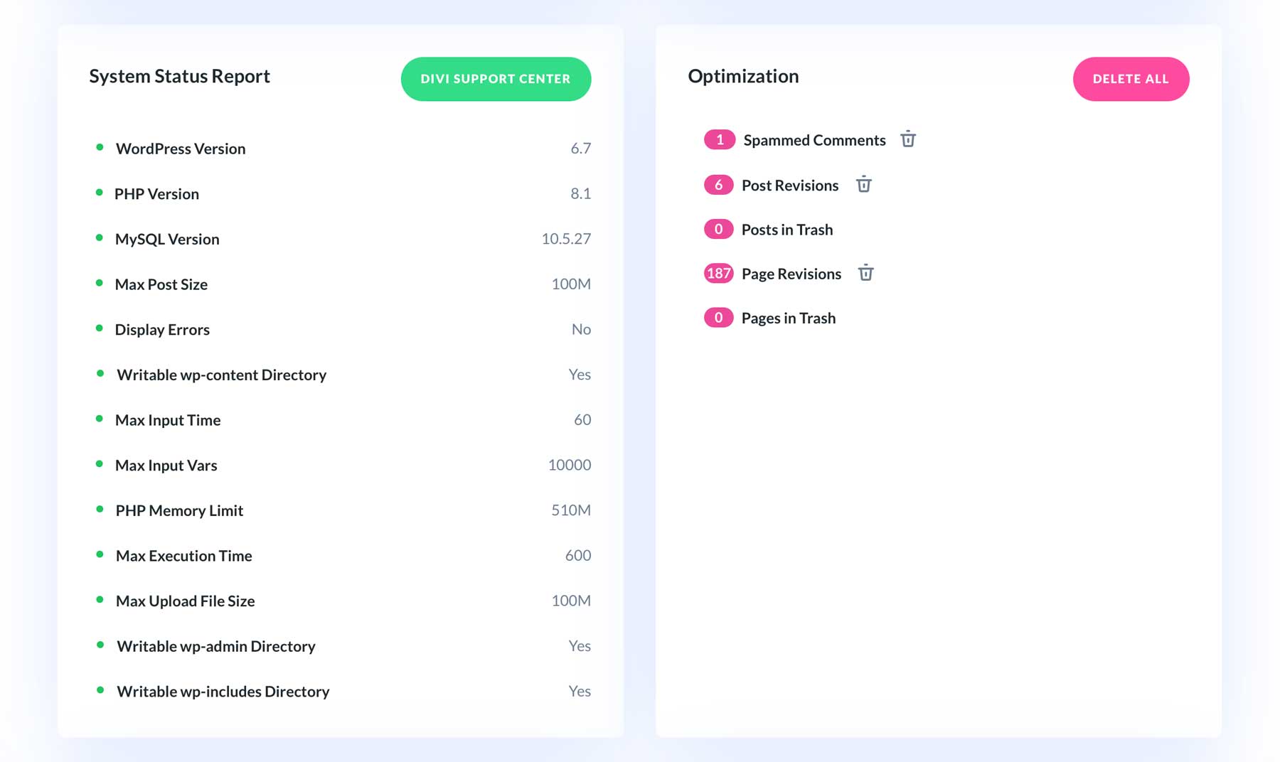 Divi Dash system status report