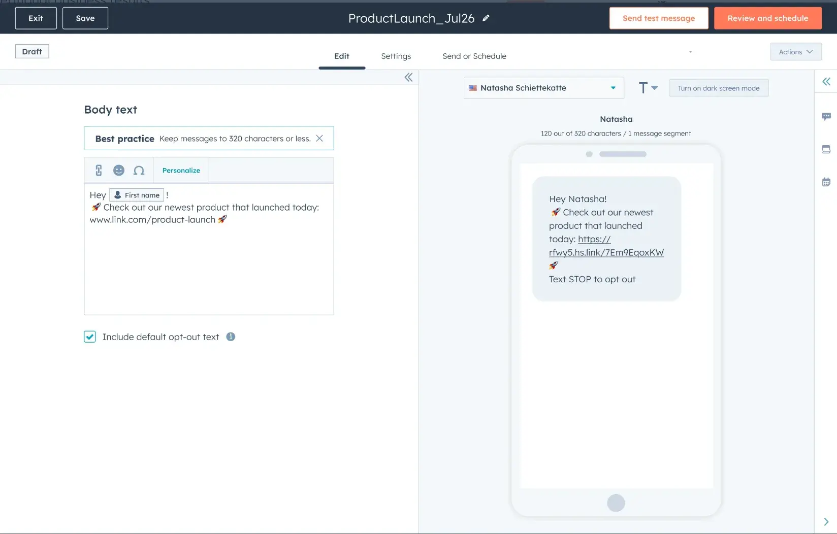 Screencap of HubSpot’s AI-powered SMS marketing tool