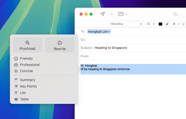 Apple Intelligence options in the macOS Mail app