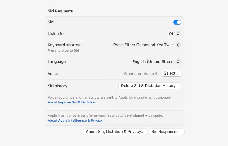 Apple Intelligence configuration settings for Siri