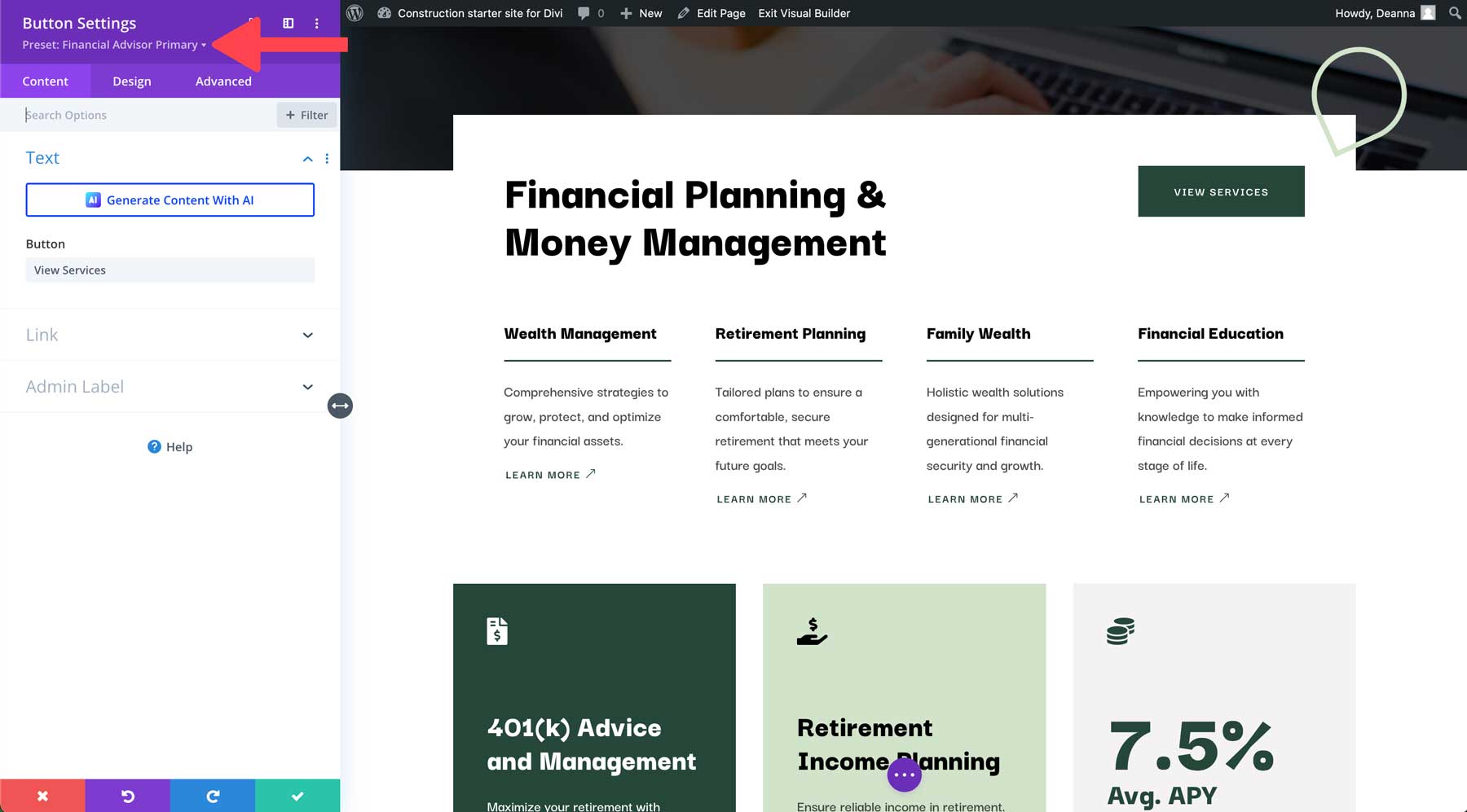 Financial Advisor starter site for Divi