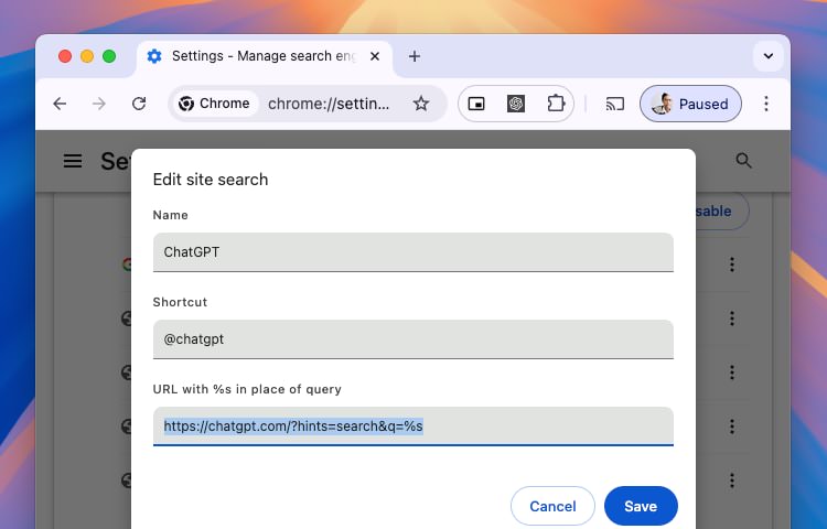 Screenshot of ChatGPT search engine details being added in Chrome settings