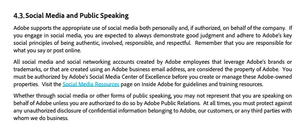 Screenshot of Adobe’s social media policy