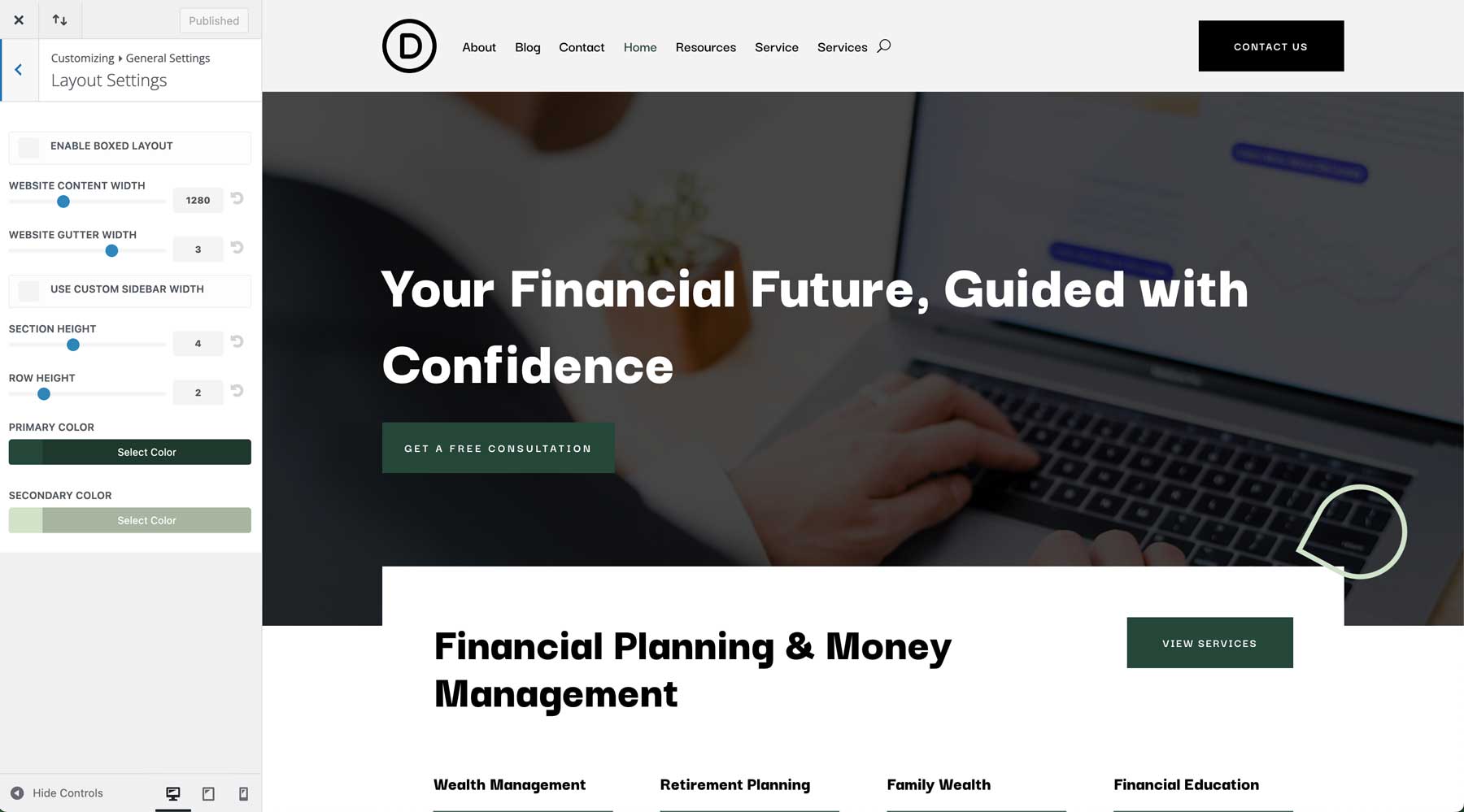 Financial Advisor starter site for Divi