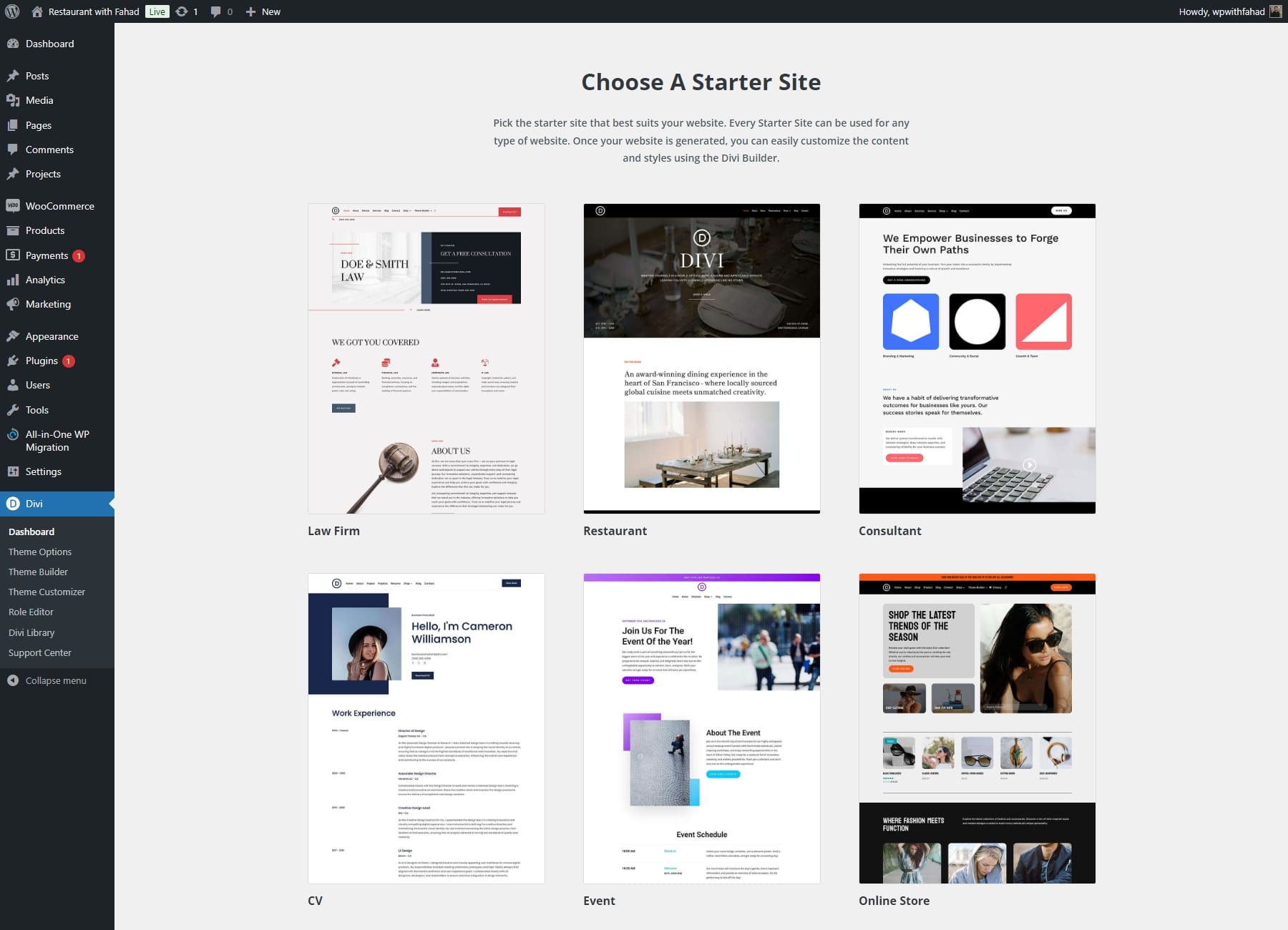 divi choose a starter site