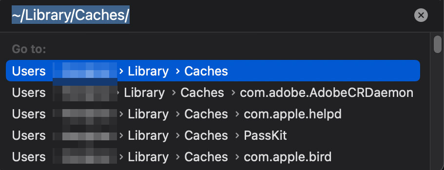 Navigate to Caches folder in Finder