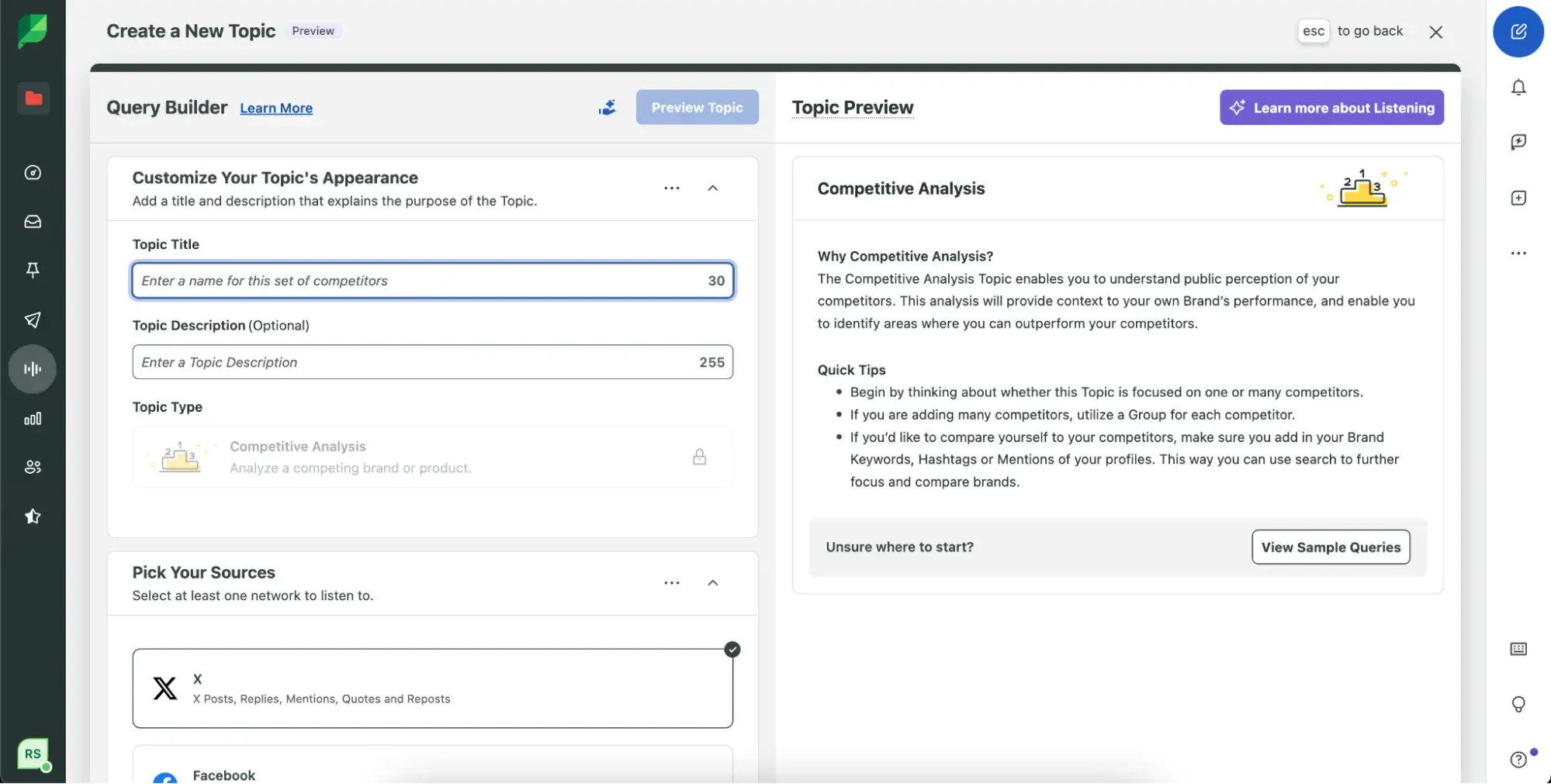 Screenshot showing the Query Builder options in Sprout Social